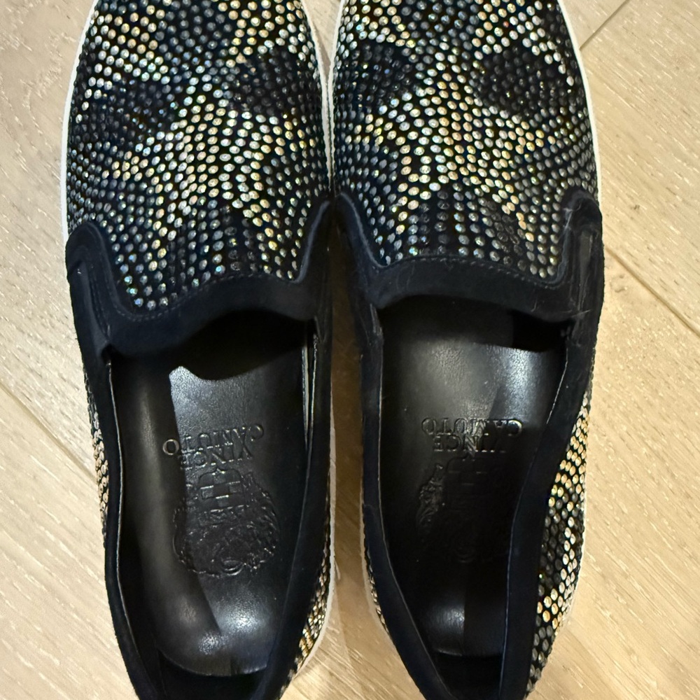 Vince Camuto Black and Gold Studded Slip-On Sneakers